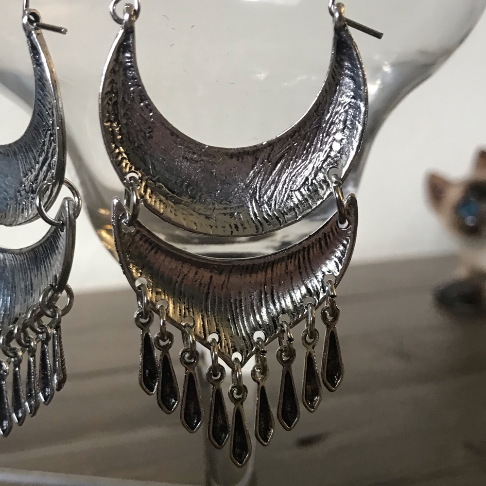 Silvertone Crescent Embossed Drop Earrings - Picture 3 of 4